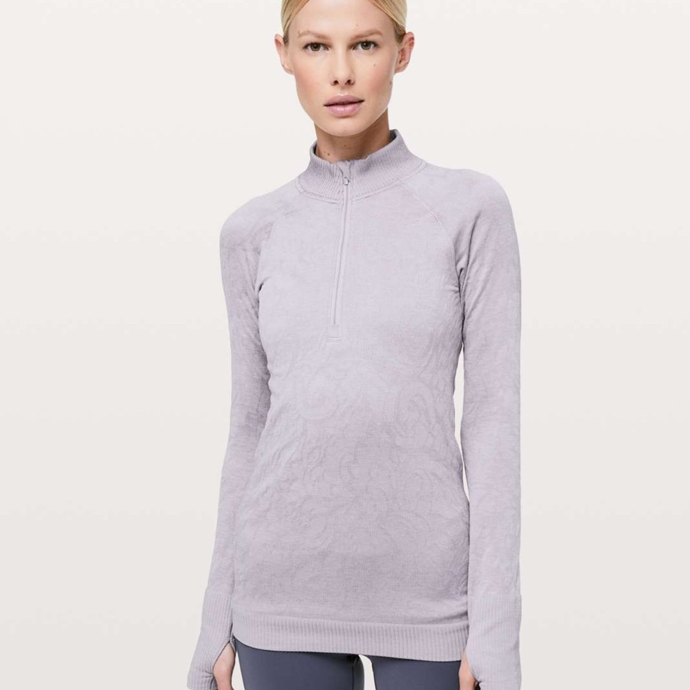 Lululemon Rest Less ½‑Zip Pullover in Lavender Grey floral embossed